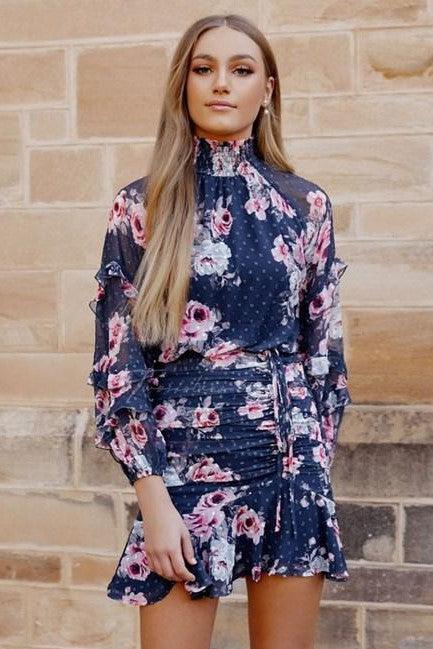 Navy Floral Piper Dress - Mauve
