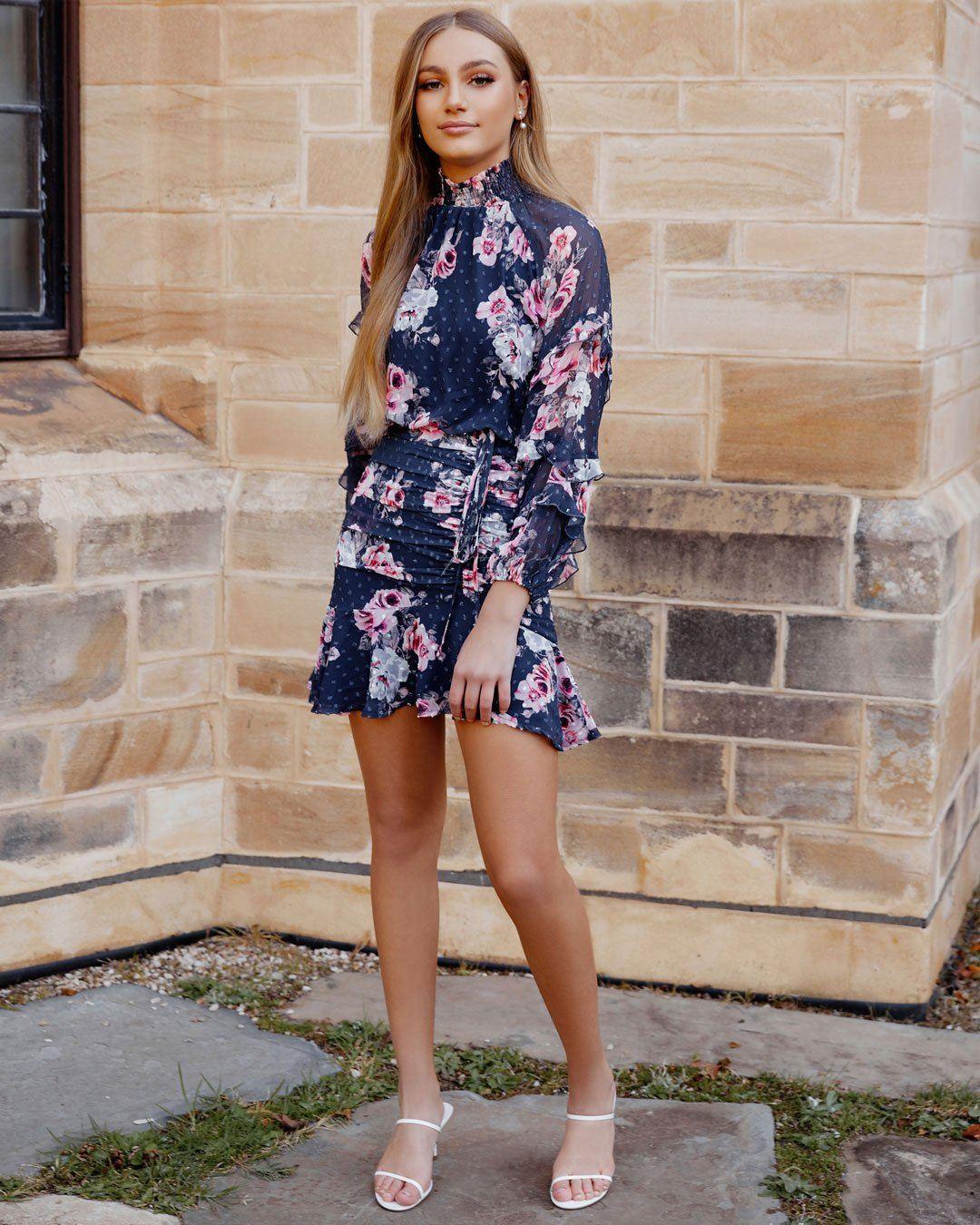 Navy Floral Piper Dress - Mauve