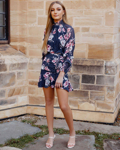 Navy Floral Piper Dress - Mauve