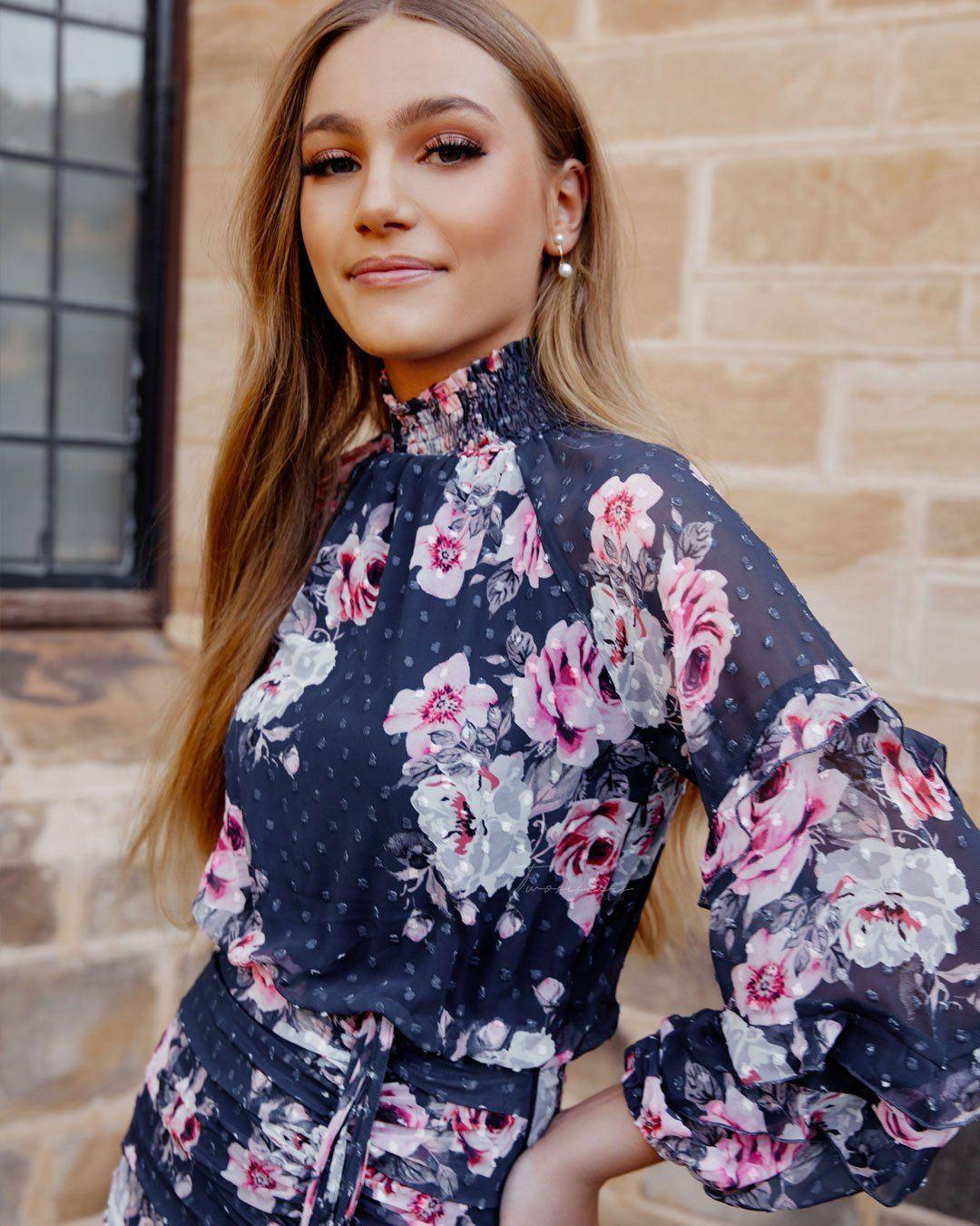 Navy Floral Piper Dress - Mauve