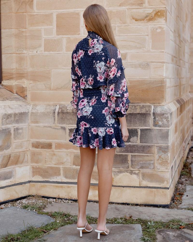 Navy Floral Piper Dress - Mauve
