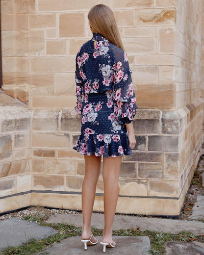 Navy Floral Piper Dress - Mauve