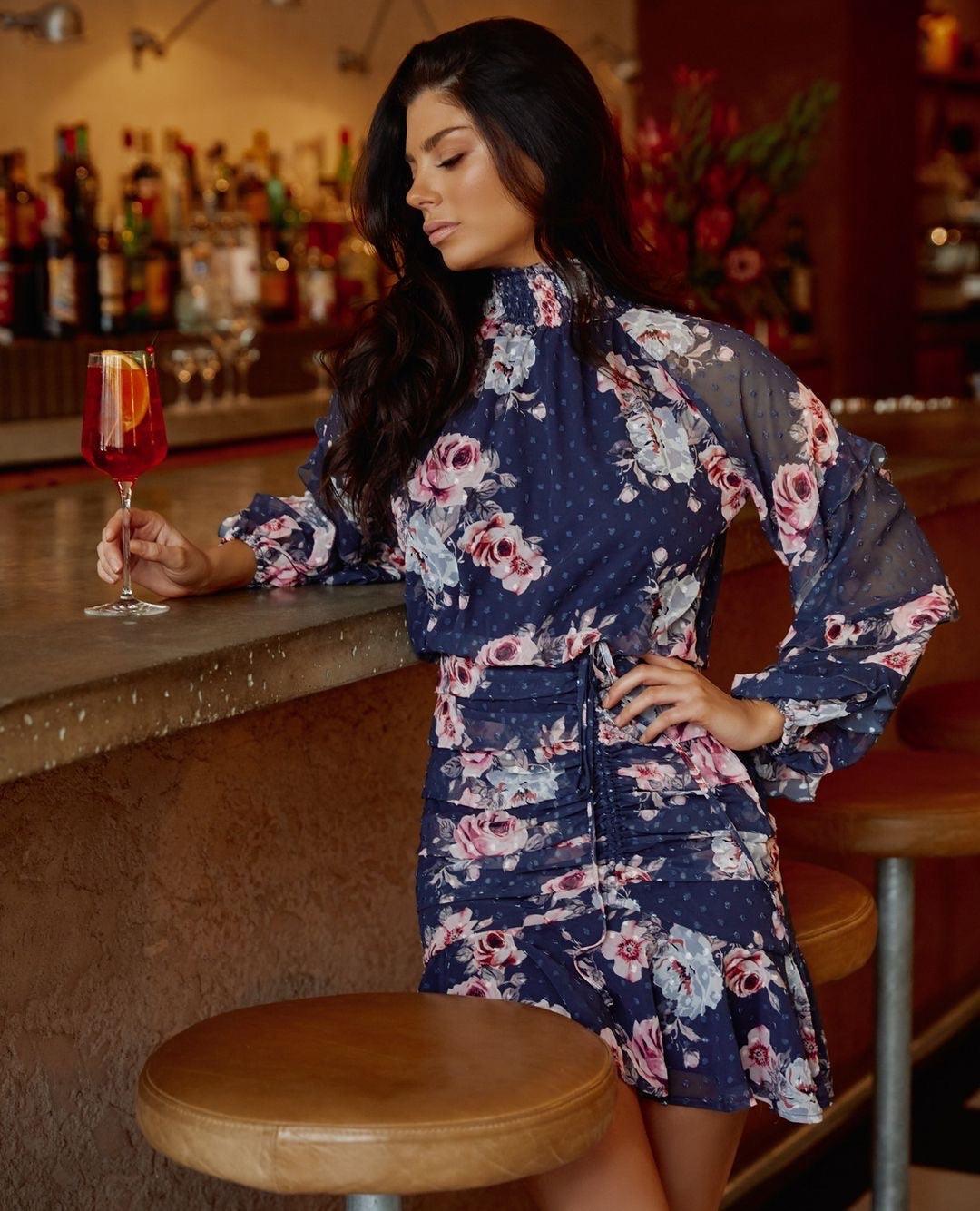 Navy Floral Piper Dress - Mauve
