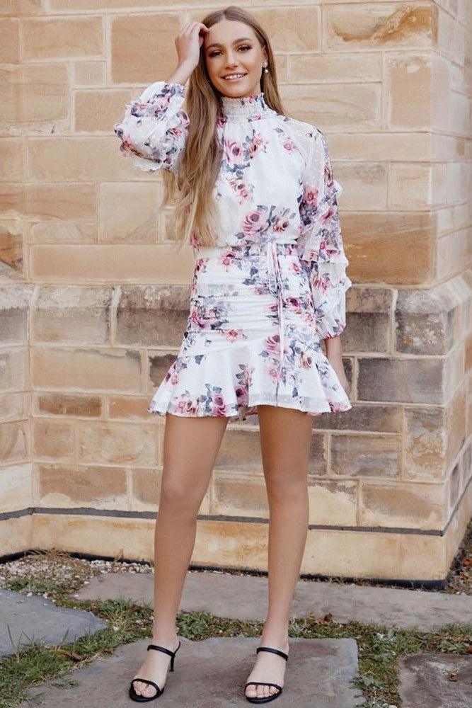 White Floral Piper Dress - Mauve