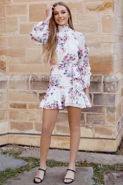 White Floral Piper Dress - Mauve
