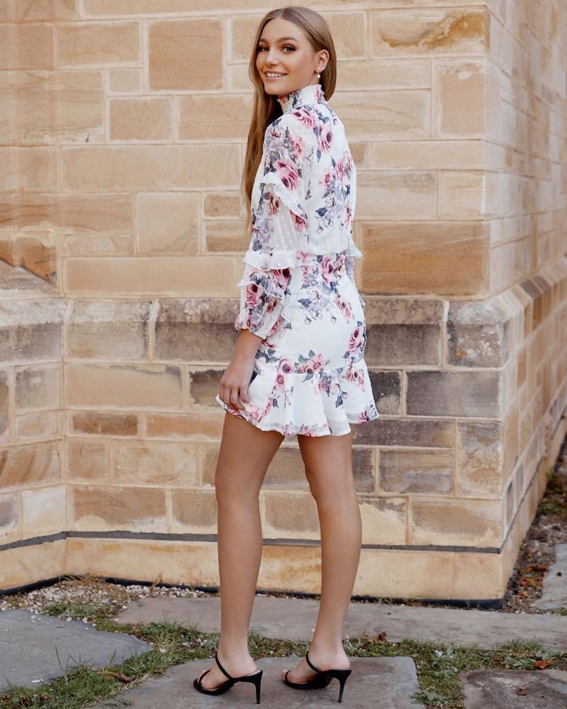 White Floral Piper Dress - Mauve