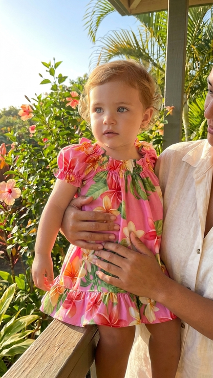 White Plumeria Sunshine Puff Sleeve Hawaiian Dress Set