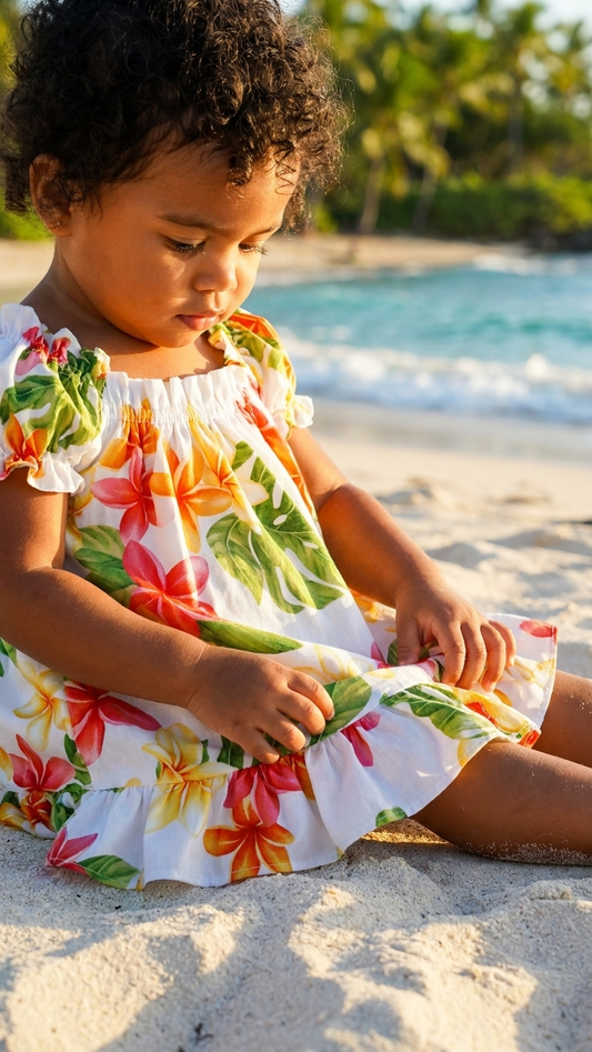 Pink Plumeria Sunshine Puff Sleeve Hawaiian Dress Set