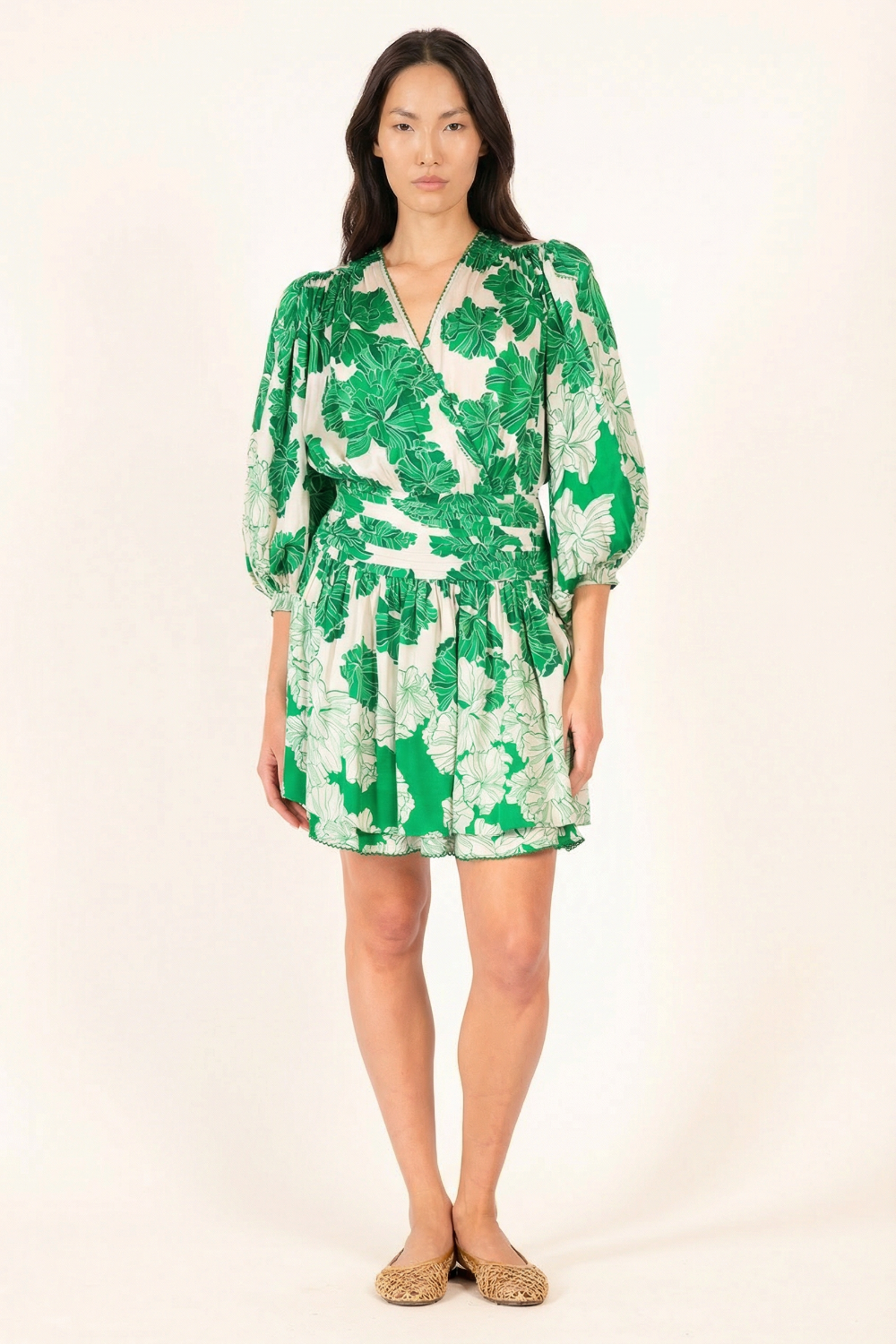 Green Flower Bunch Colleen Jacquard Mini Dress in Indigo