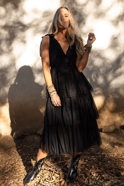 Black Arabella Tiered Tulle Dress in Mauve