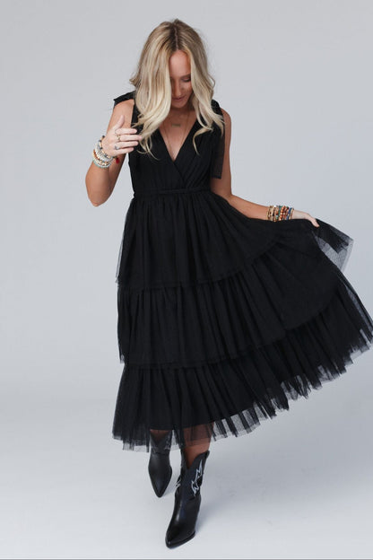 Black Arabella Tiered Tulle Dress in Mauve