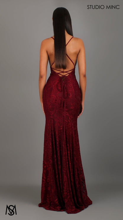 Maroon Red formal dress | lace V neckline fitted mermaid lace up Jasmine Lace Mermaid Dress