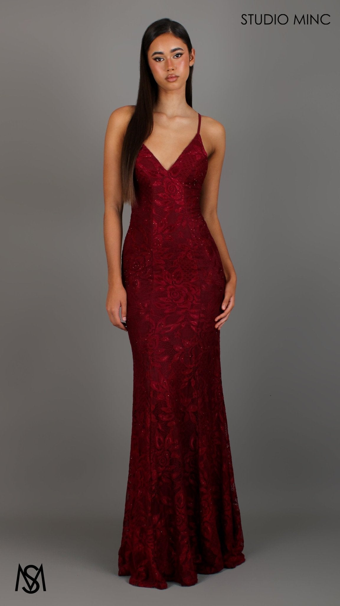 Maroon Red formal dress | lace V neckline fitted mermaid lace up Jasmine Lace Mermaid Dress
