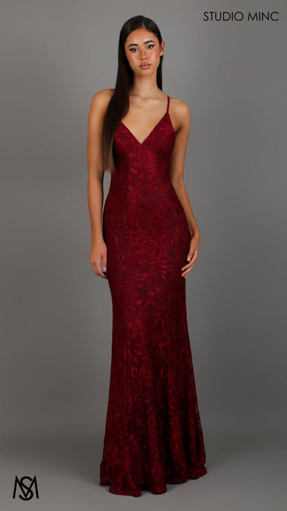 Maroon Red formal dress | lace V neckline fitted mermaid lace up Jasmine Lace Mermaid Dress