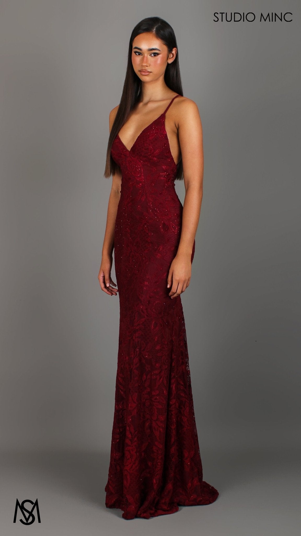 Maroon Red formal dress | lace V neckline fitted mermaid lace up Jasmine Lace Mermaid Dress
