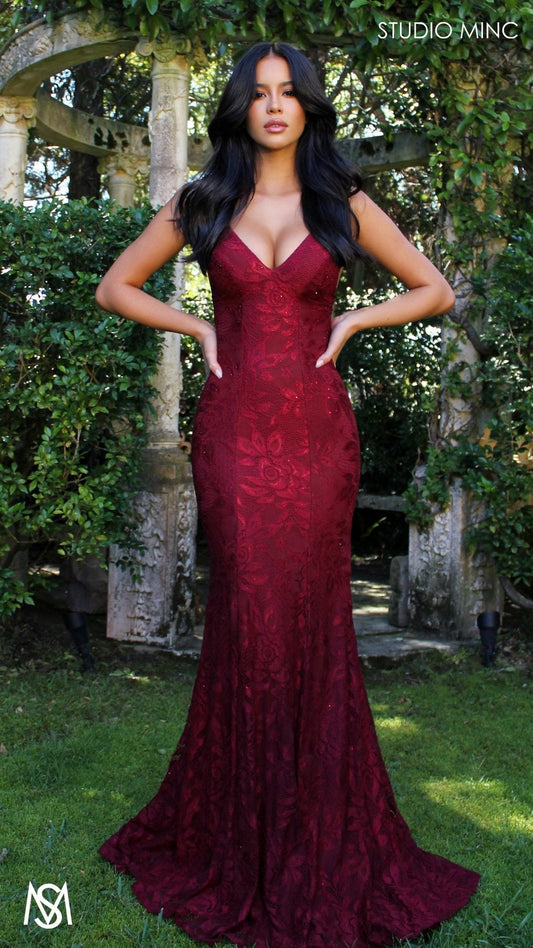 Maroon Red formal dress | lace V neckline fitted mermaid lace up Jasmine Lace Mermaid Dress