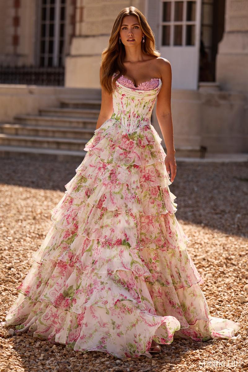 Ivory/Pink/Green Print Arabella Floral Ruffle Prom Dress