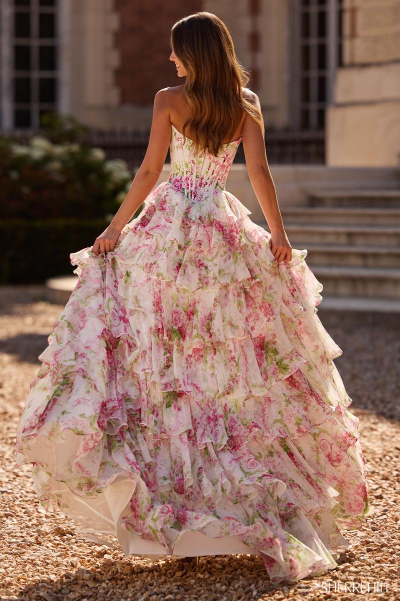 Ivory/Pink/Green Print Arabella Floral Ruffle Prom Dress