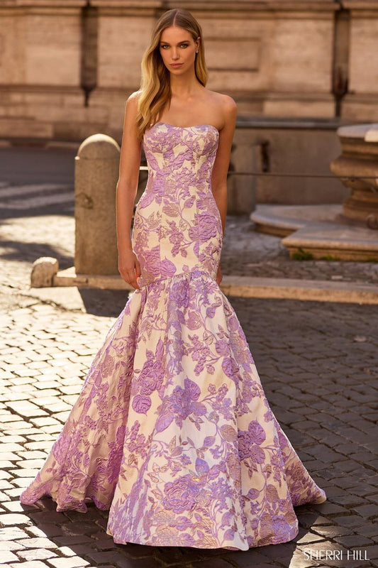 Lilac Arabella Floral Brocade Mermaid Dress