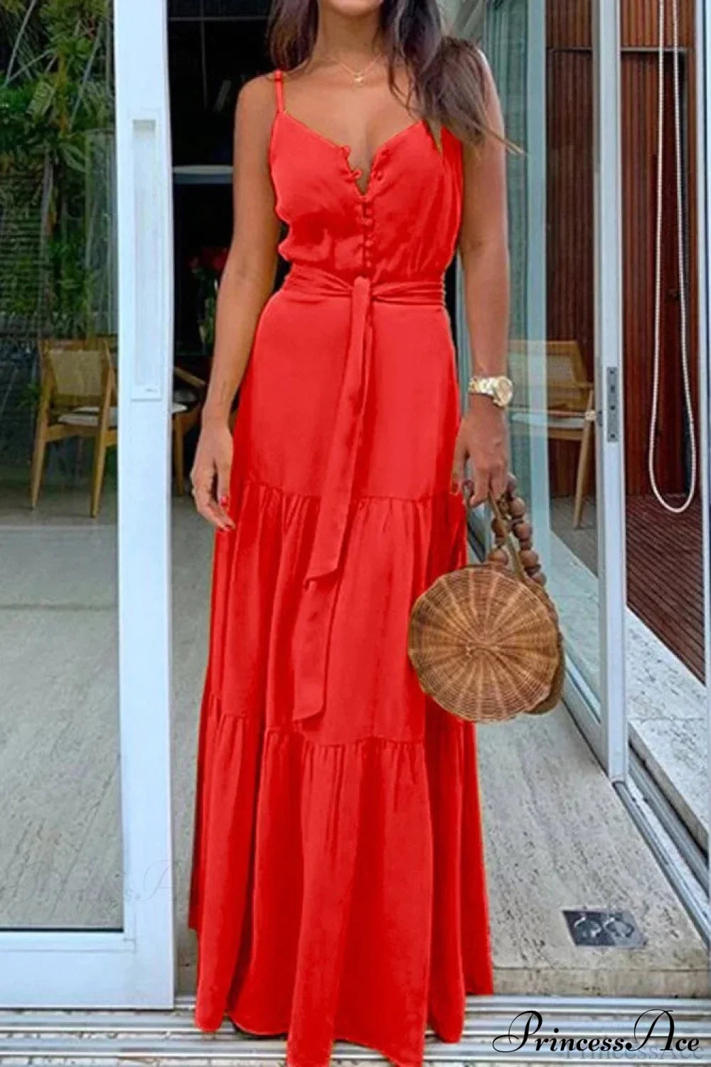 Red Adriana Button Bandage Maxi Dress
