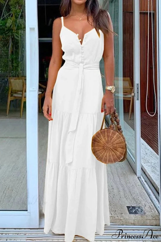 White Adriana Button Bandage Maxi Dress