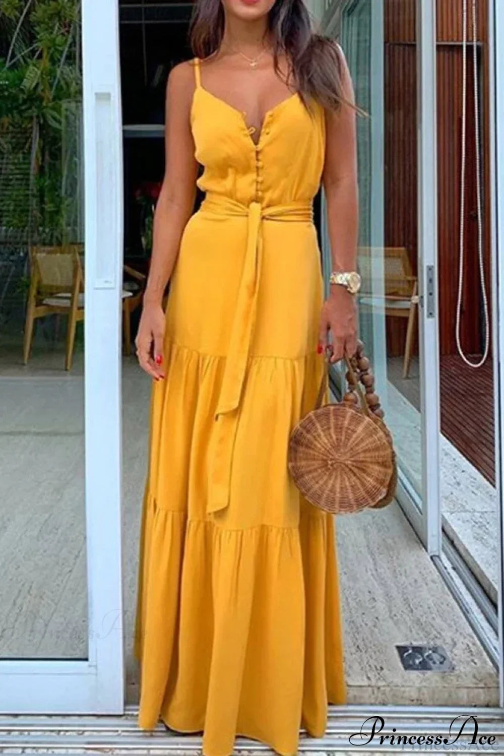 Green Adriana Button Bandage Maxi Dress