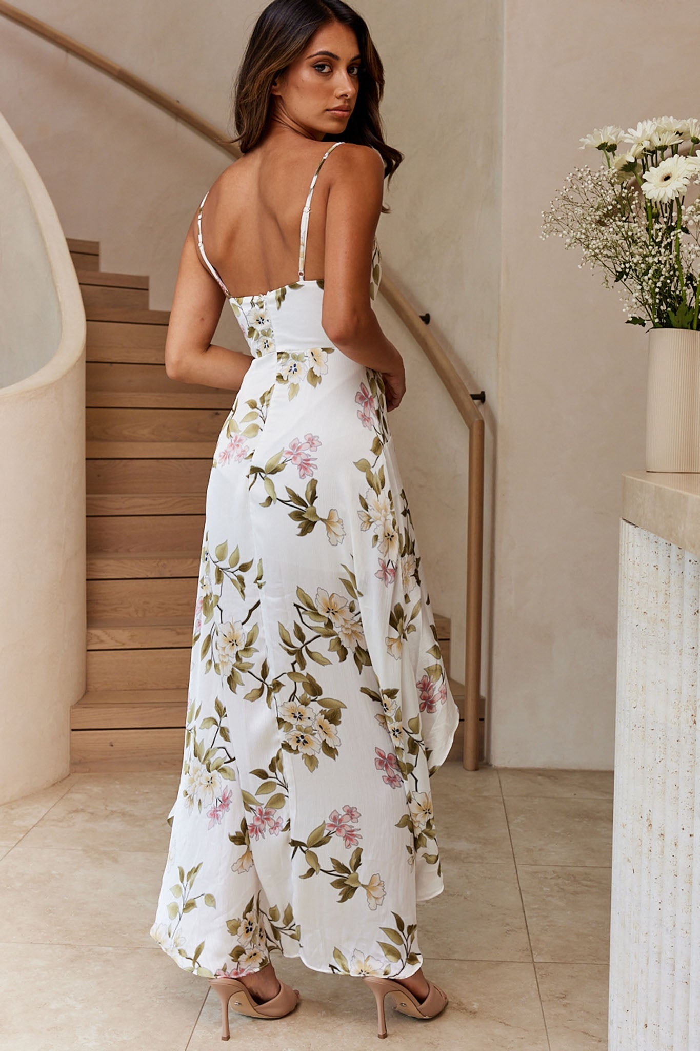 Low Hem Dress White Imelda V-Neck High-Low Dress in Navy