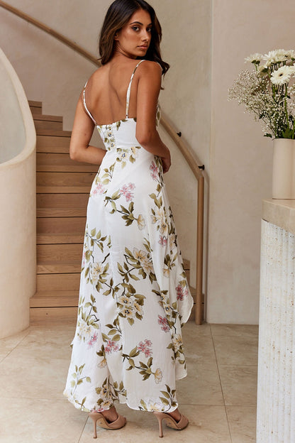 Low Hem Dress White Imelda V-Neck High-Low Dress in Navy