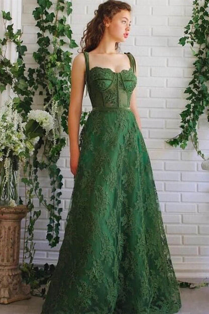 Line Emerald Green Vivienne Appliqué A-Line Evening Dress in Emerald
