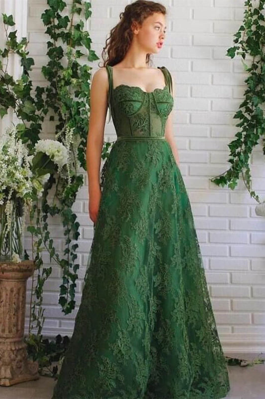 Line Emerald Green Vivienne Appliqué A-Line Evening Dress in Emerald