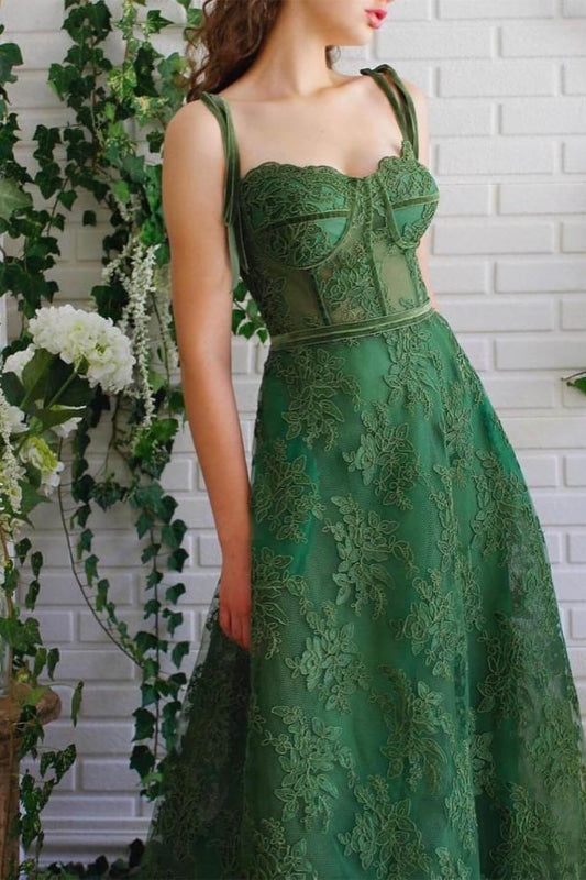Line Emerald Green Vivienne Appliqué A-Line Evening Dress in Emerald