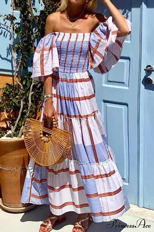 Blue Violet Striped Ruffle Tiered Dress