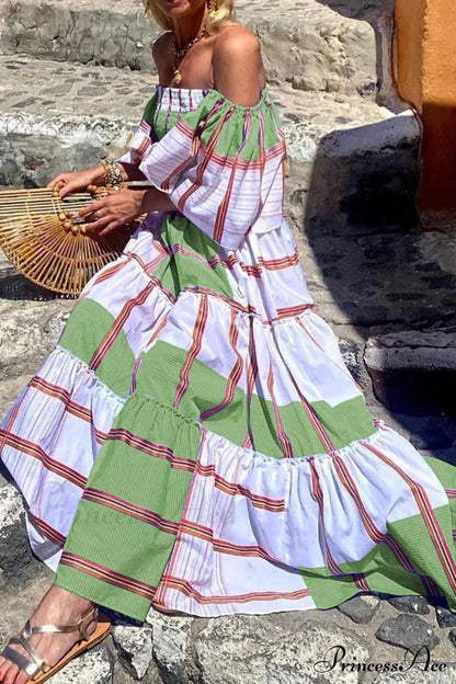 Green Violet Striped Ruffle Tiered Dress