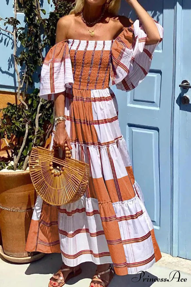 Orange Violet Striped Ruffle Tiered Dress