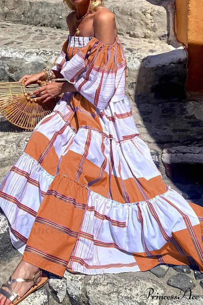 Orange Violet Striped Ruffle Tiered Dress