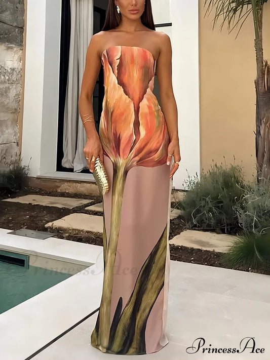 Shoulder Maxi Dress Stylish Graffiti Print Charming Sleeveless Off-Shoulder Maxi Dress - Pink L
