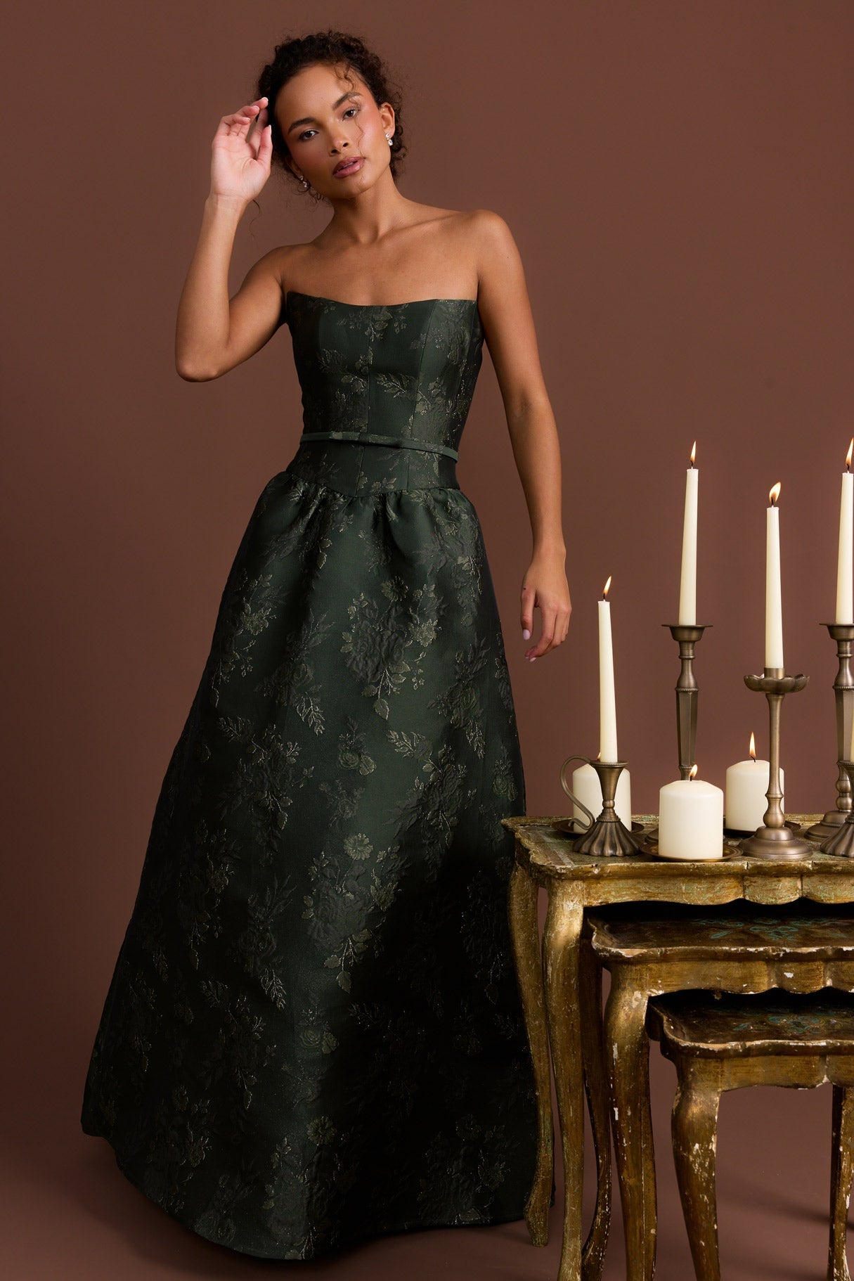Champagne Margot Jacquard Dress in Deep Olive