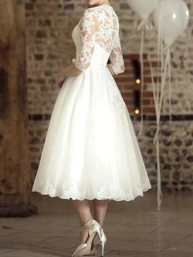 Line Wedding Dress Tea Length 3/4 Sleeve V Neck Lace Tulle Bridal Gown Audrey Satin A-Line Gown