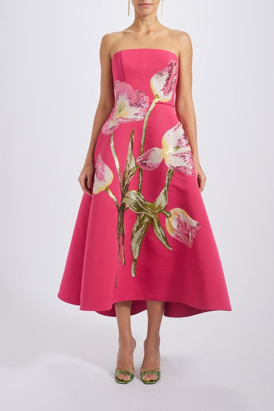 Cerise Amsale Sequin Appliqué Midi Dress in Cerise