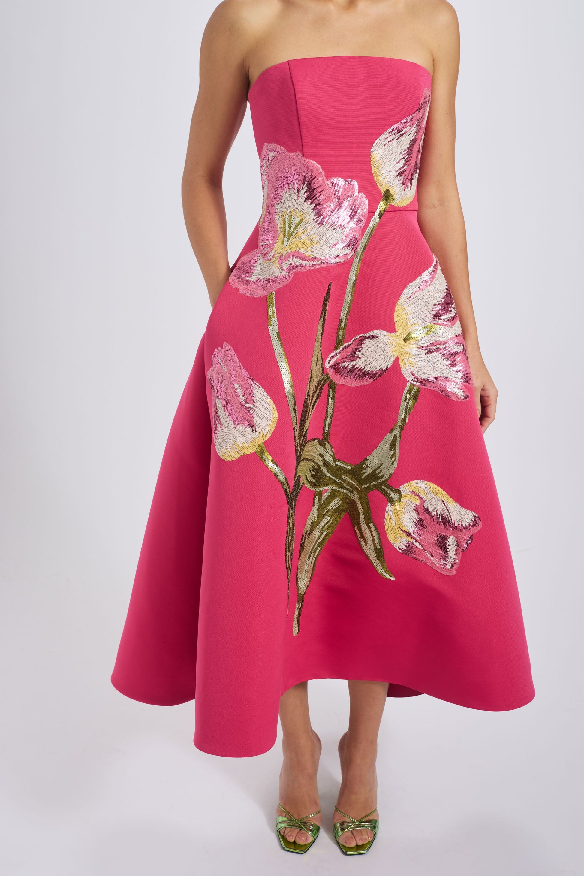 Cerise Amsale Sequin Appliqué Midi Dress in Cerise
