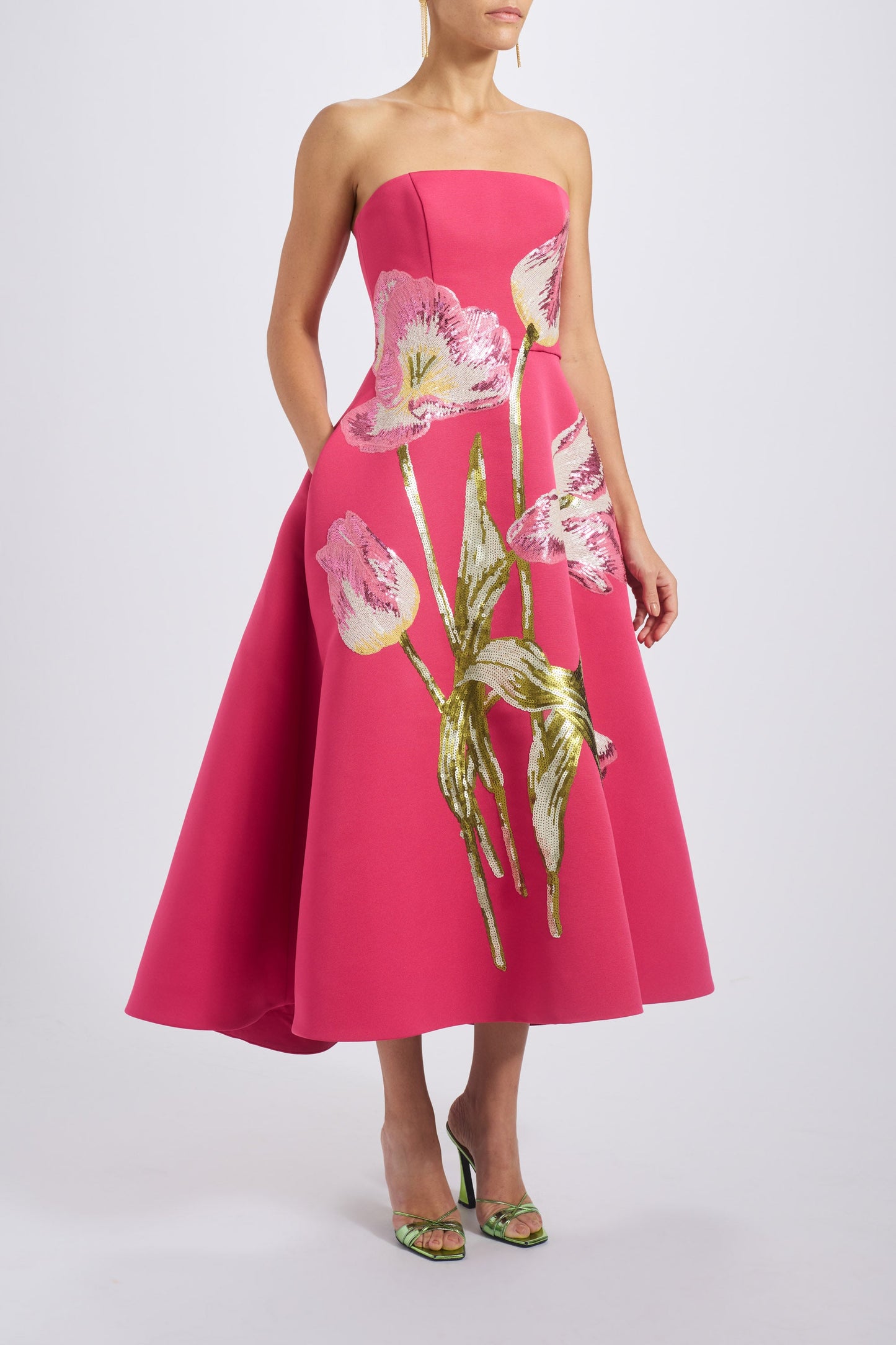 Cerise Amsale Sequin Appliqué Midi Dress in Cerise