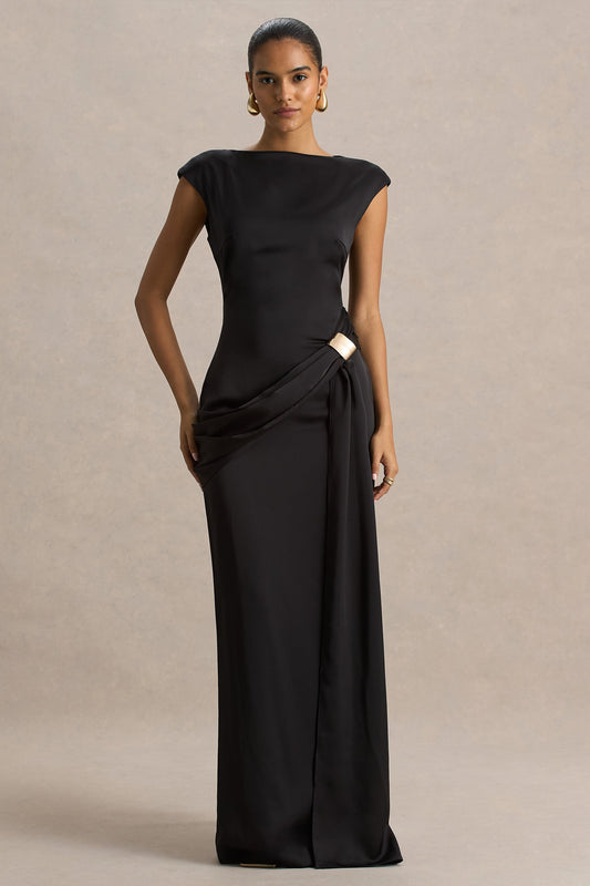 Neck Maxi Dress With Embellished Detail And Sash Influence Black Satin Maxi Dress