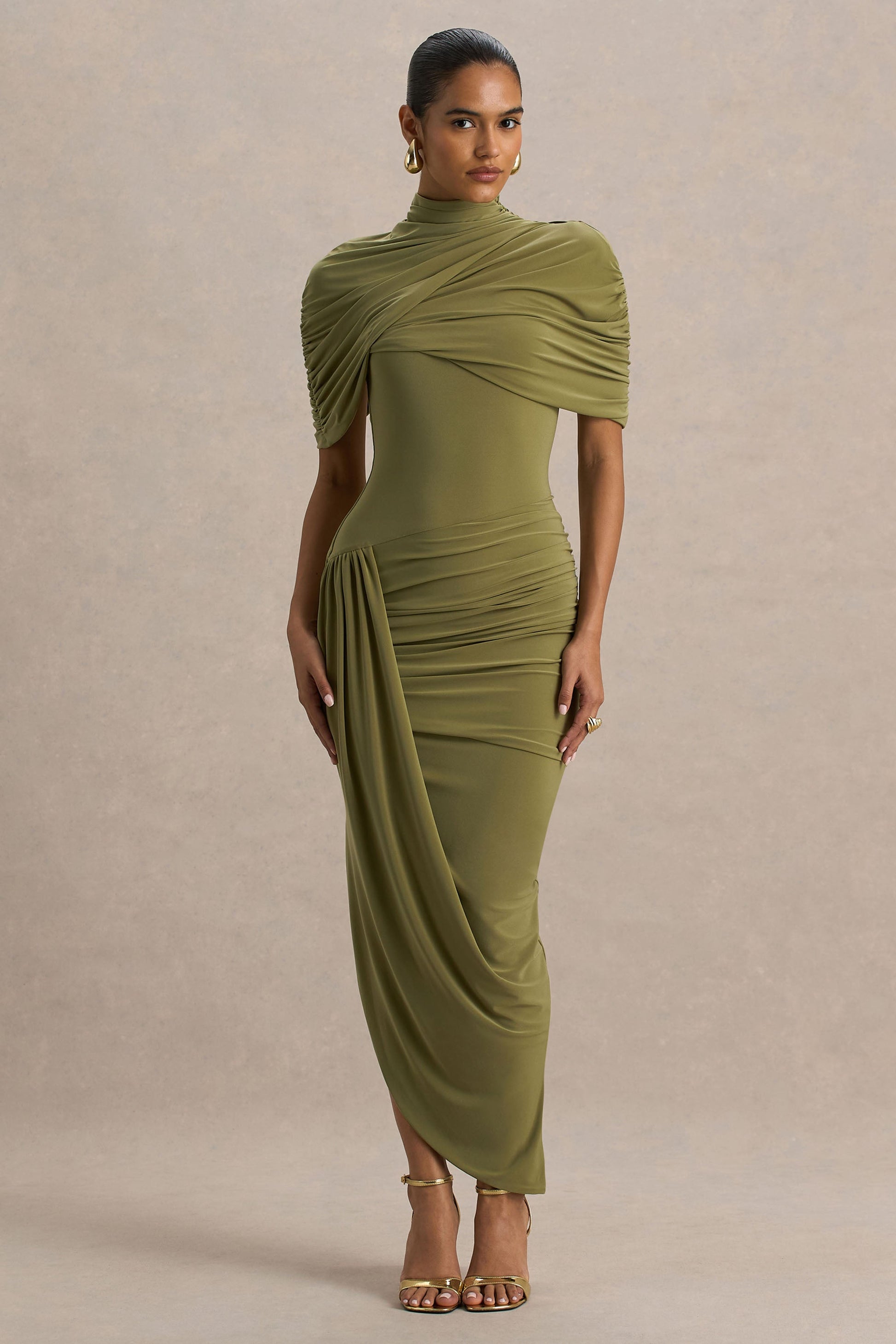 olive Enchant Olive Asymmetric Cape Midi Dress