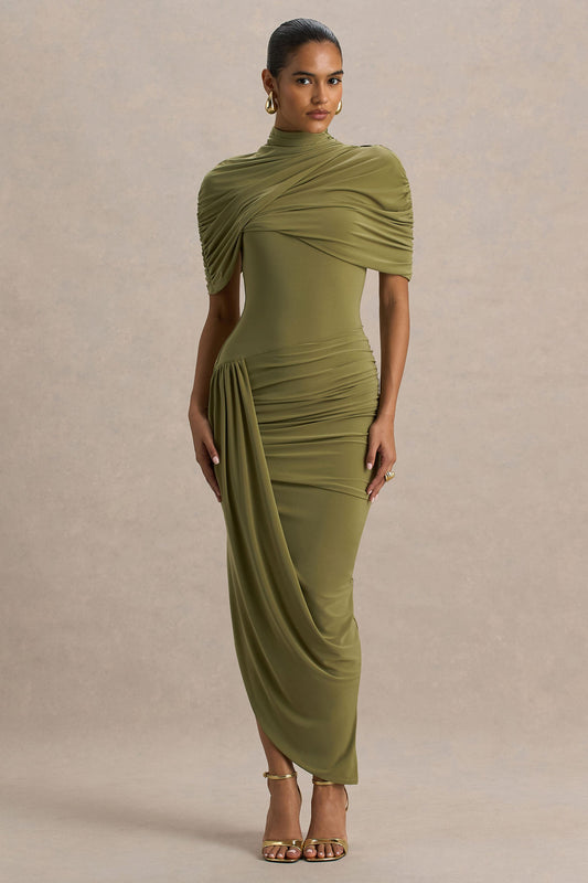 olive Enchant Olive Asymmetric Cape Midi Dress