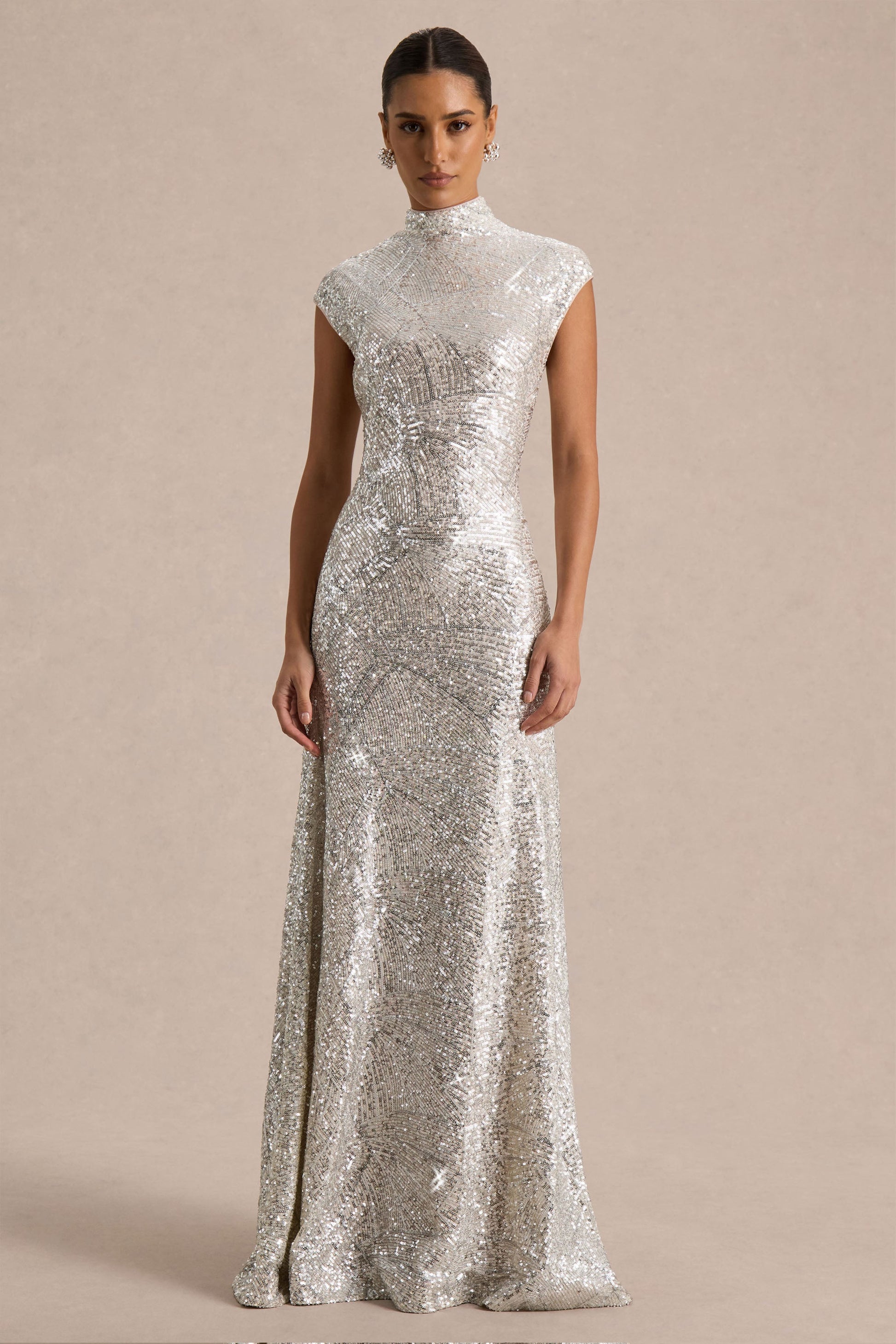 Neck Maxi Dress With Cap Sleeves Cecy Silver Sequin Maxi Dress