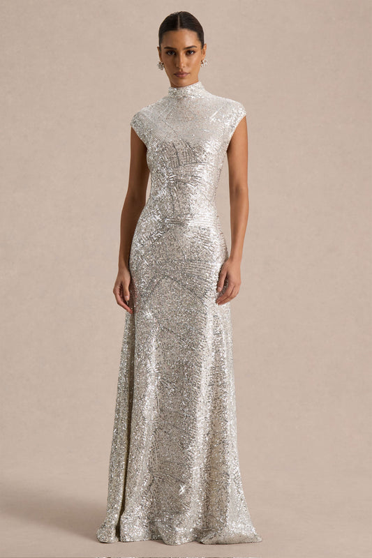 Neck Maxi Dress With Cap Sleeves Cecy Silver Sequin Maxi Dress