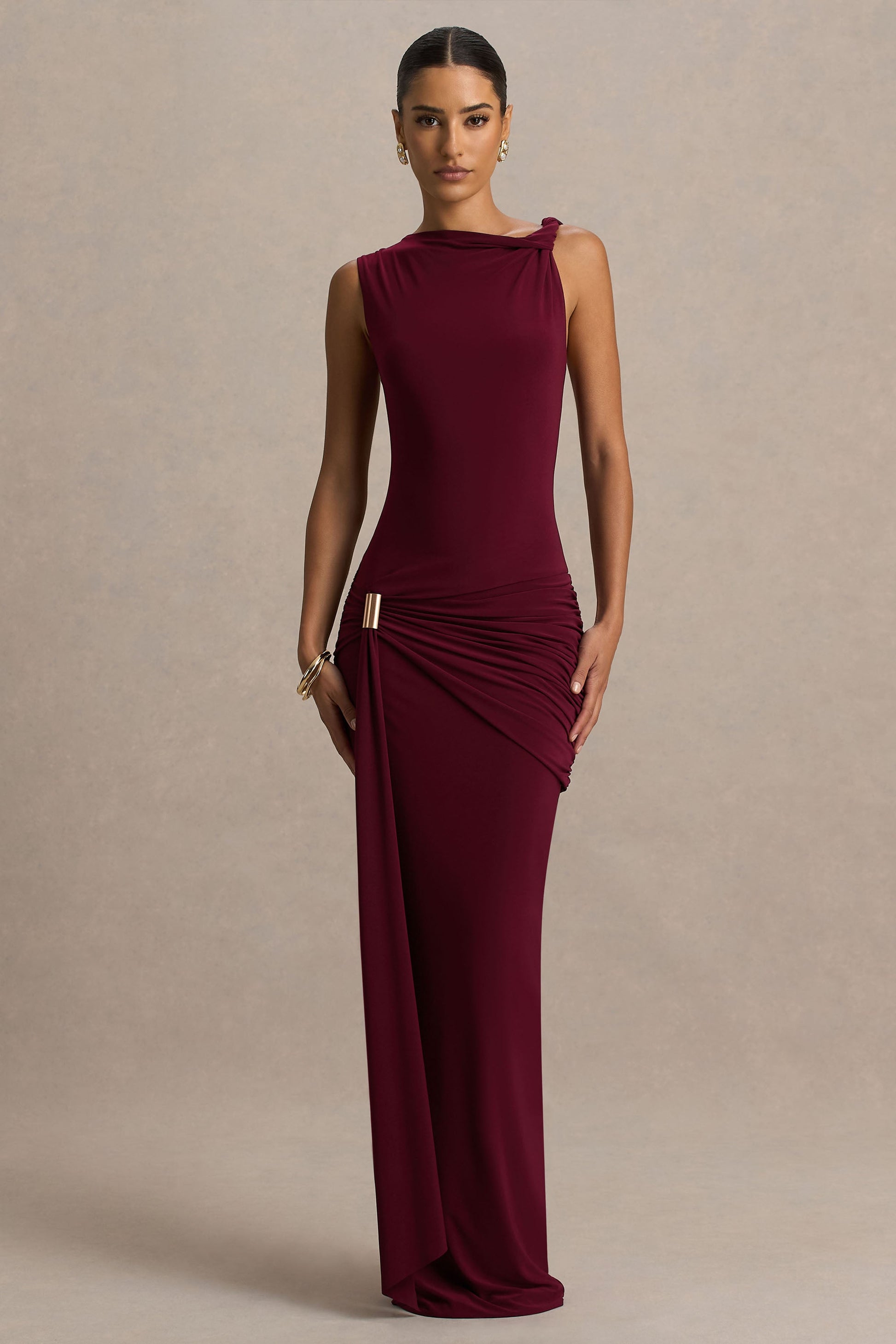 Sleeve Valentina Burgundy High-Neck Maxi Dress
