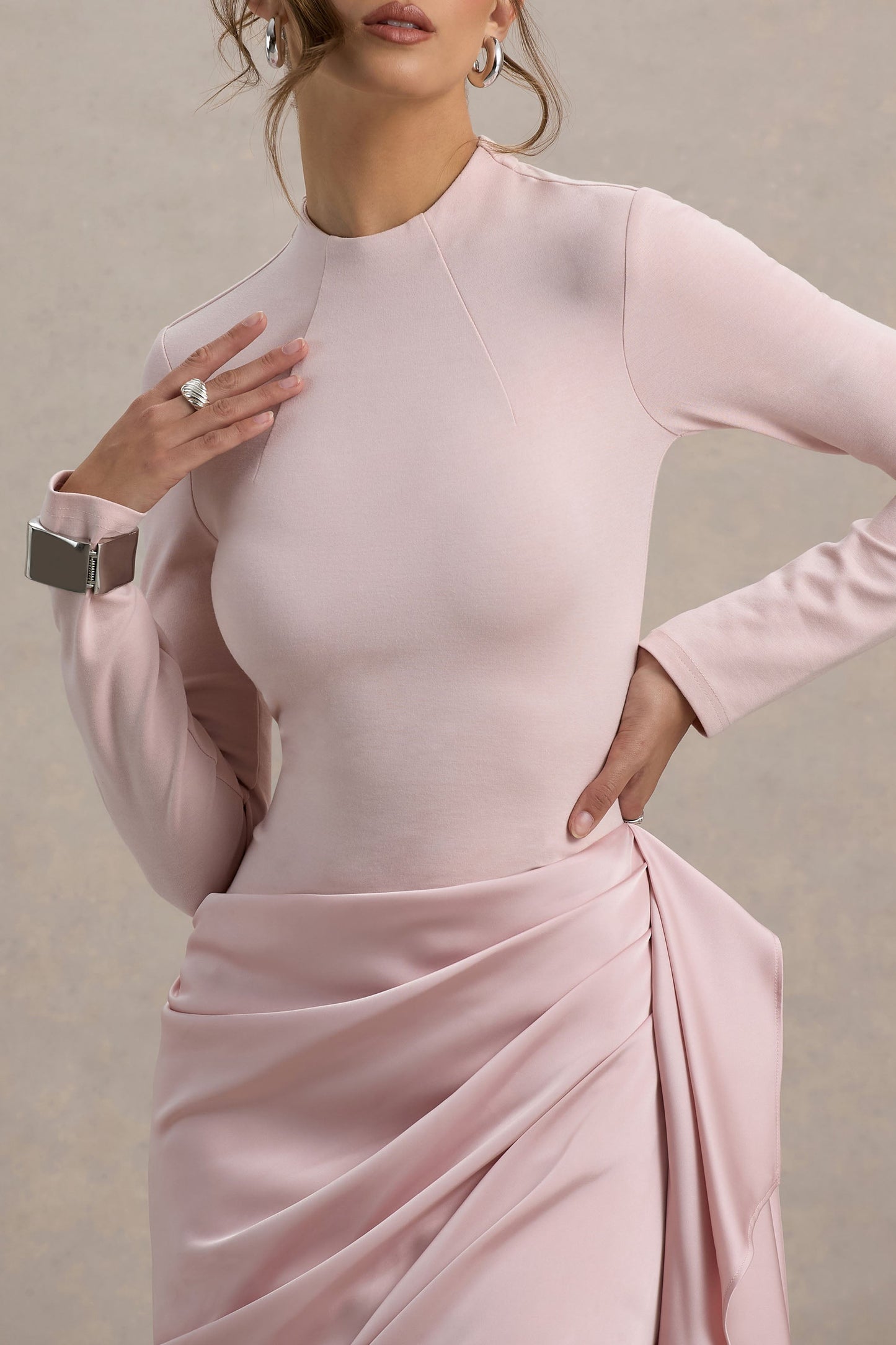 Sleeve Midi Dress With Satin Wrap Skirt Raffie Satin Wrap Midi Dress