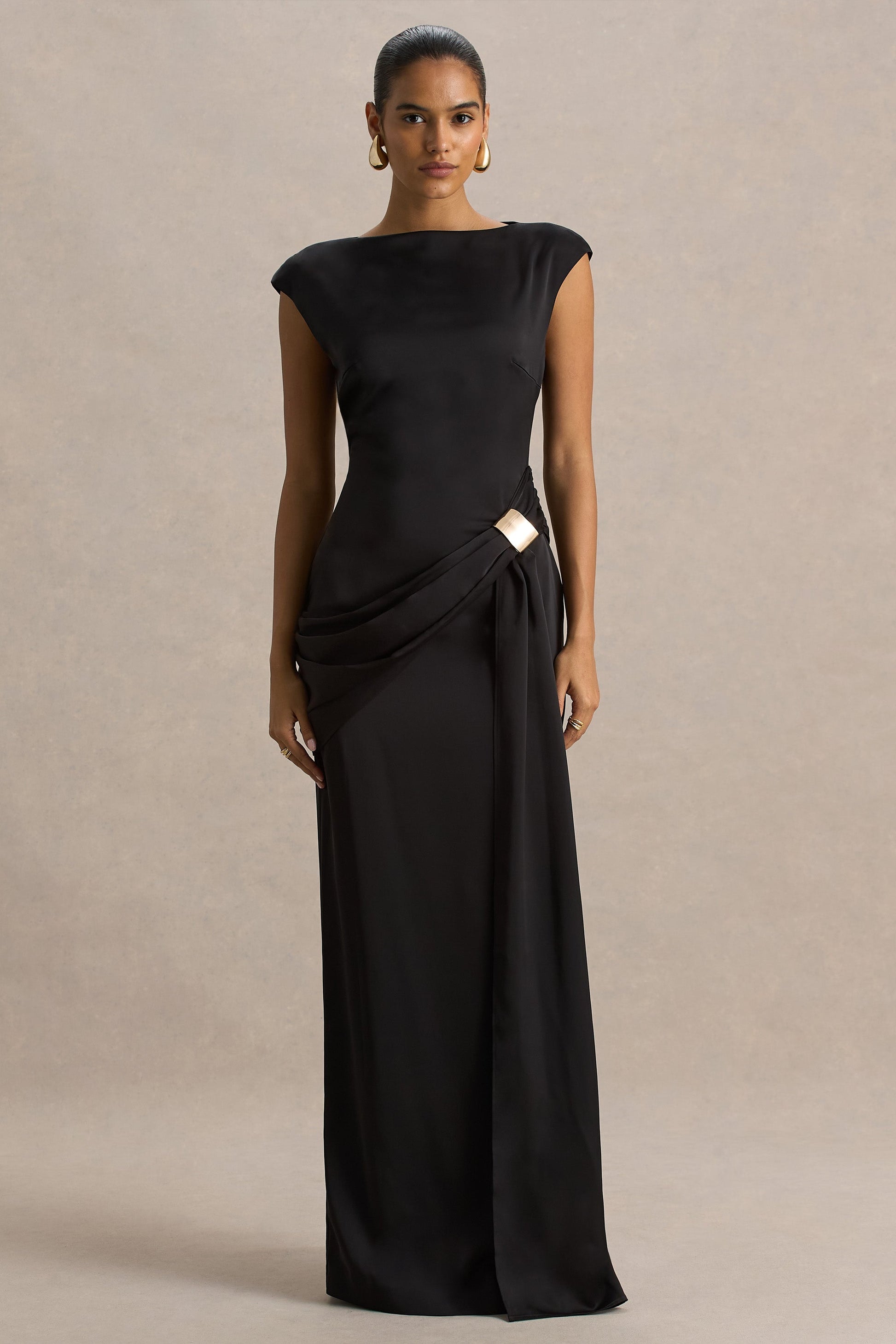Neck Maxi Dress With Embellished Detail And Sash Influence Black Satin Maxi Dress