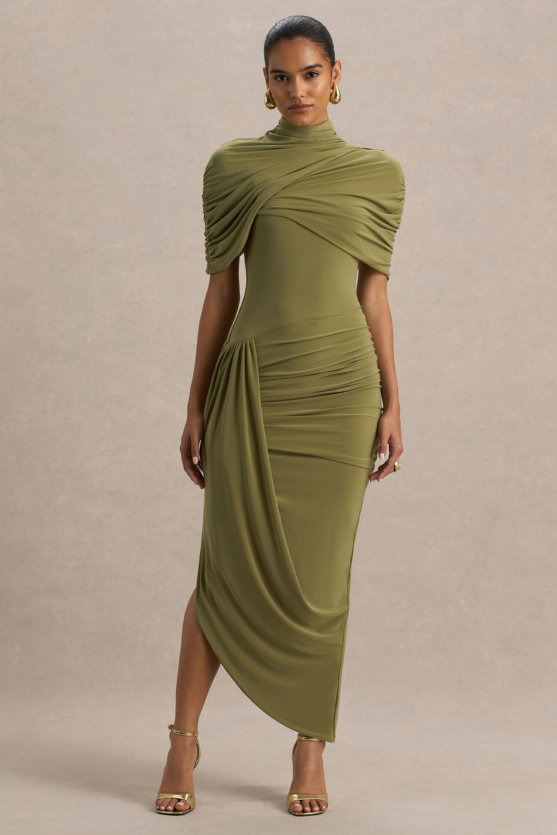 olive Enchant Olive Asymmetric Cape Midi Dress